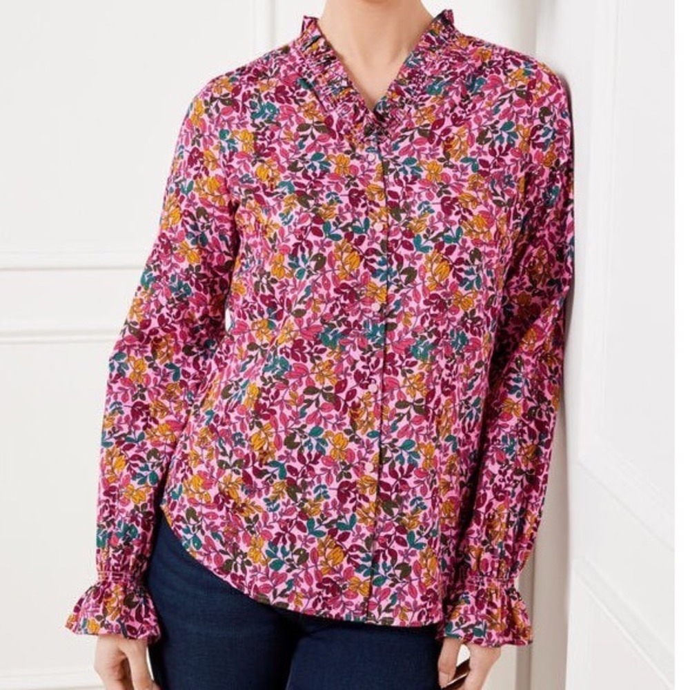 Talbots Pink Floral Metallic Lurex Ruffle Neck Blouse Long Sleeve Small gf